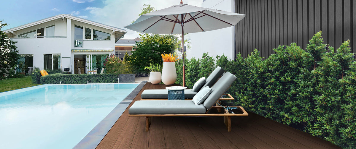 PureSolid composite decking beside a modern swimming pool